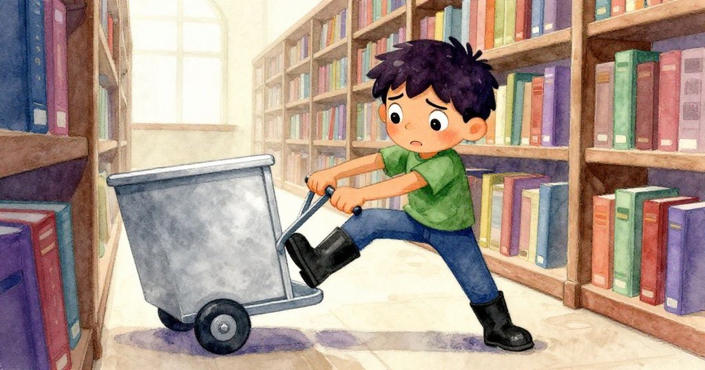 Ben堅定地用靴子按住書車輪，表情矛盾卻充滿決心，於圖書館過道中力圖恢復秩序，情節達到高潮。