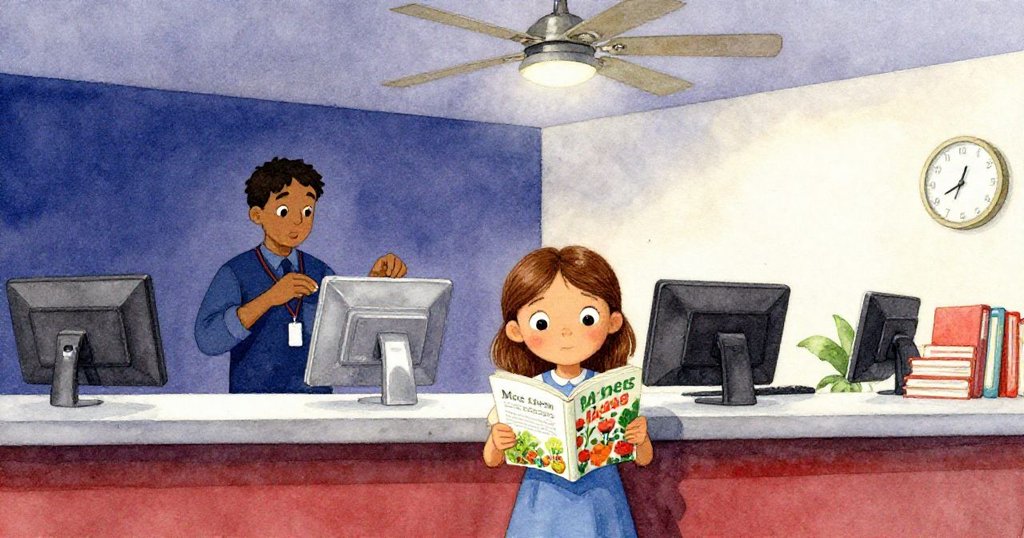 Mae懷抱園藝指南安心離開，志工在櫃台後整理徽章與時鐘，圖書館全景展現混亂後重歸秩序的溫馨結局。