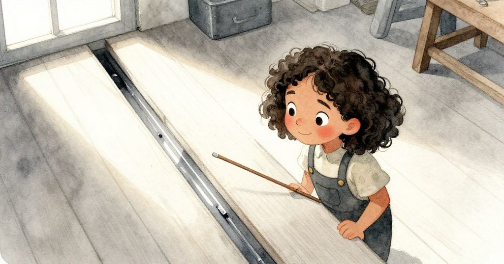 Tara 從高處俯視工坊地板，注視木板間狹縫中閃爍的鋼光，地上散落鉛筆與碎木屑，氣氛懸疑