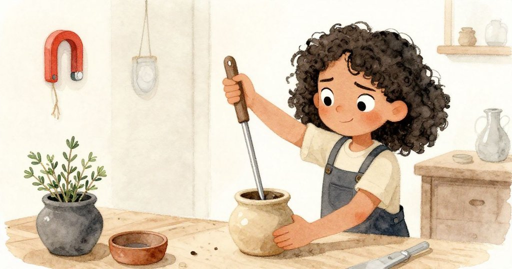 Tara 在工坊中從側上方俯視，專注使用扁平撬棍打開縫隙，旁邊陳列陶瓷花盆與乾百里香，充滿創意與決心