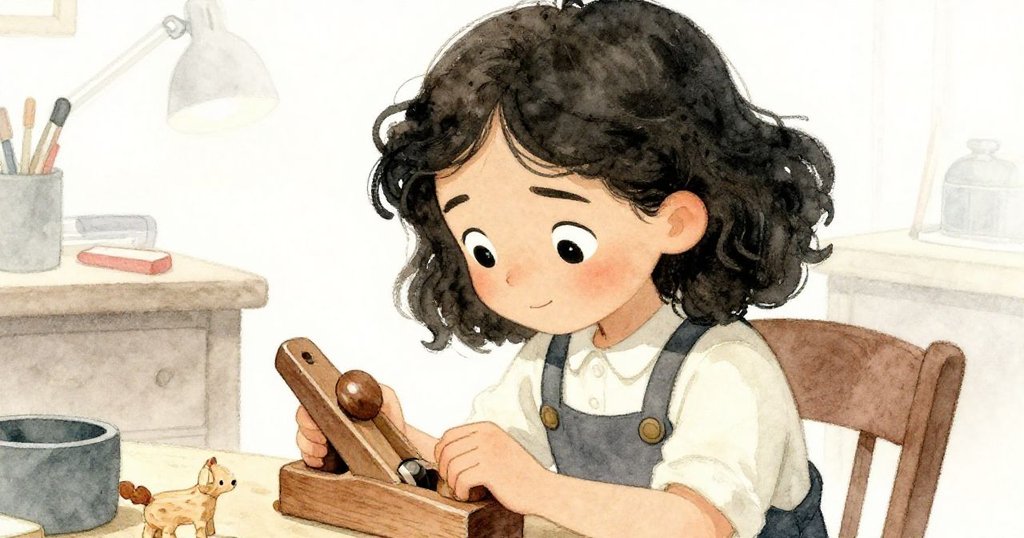 Tara 神情中帶著釋然與滿足，仔細檢查取回的刨子，旁邊擺著意外掉落的小木製犛牛，情感真摯