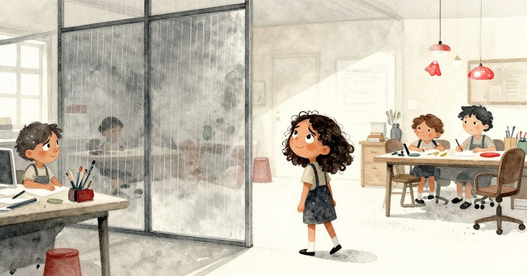 Tara 在大工坊內退後欣賞修復成果，透過薄隔板看見雨滴輕敲金屬片，全景呈現溫馨與成就感