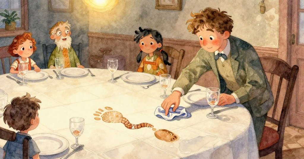 從小生物視角看見地面麵包屑與足跡，細節豐富、畫面奇妙，展現出Sam探索路徑的獨特場景。