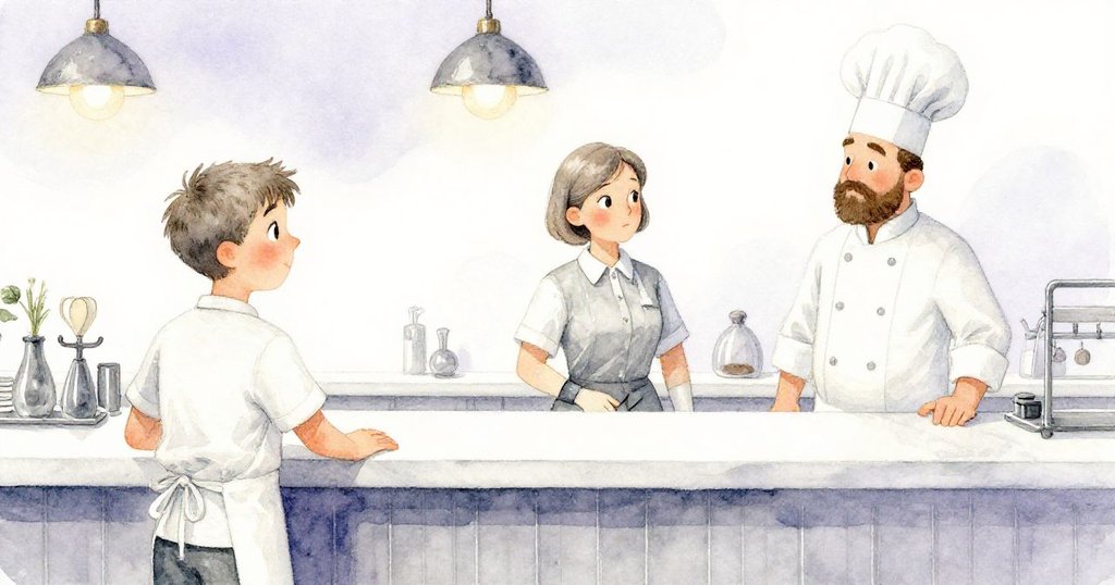 Sam走過吧台與服務生、廚師短暫互動，背景氛圍帶有懷舊溫馨色調，展現餐廳內多角度人情味。