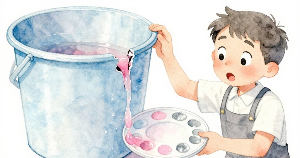 Sam在廚房發現塑膠桶裂縫中滲出厚重醃料，仔細檢查時表情驚訝，細節生動展現發現真相瞬間。