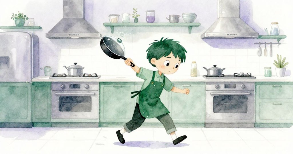 Sam在廚房邊舉起冰冷平底鍋，堅定迎向下一步，背景展現忙碌有序的廚房氛圍，預示故事未完。