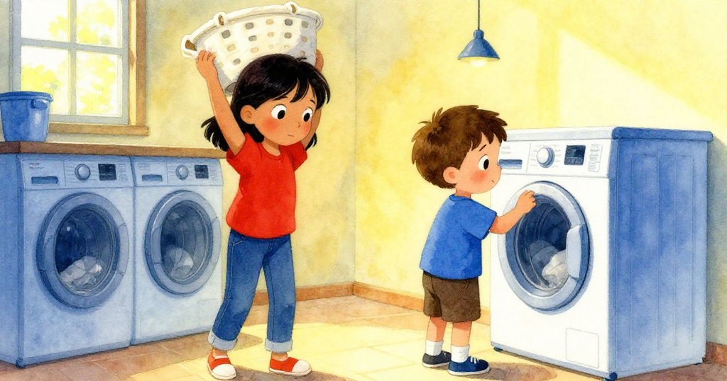 Hana 與 Blake 在明亮的洗衣房中忙碌，Hana 正努力舉起濕籃子，Blake 輕觸洗衣機面板，展現早晨的緊湊氛圍。