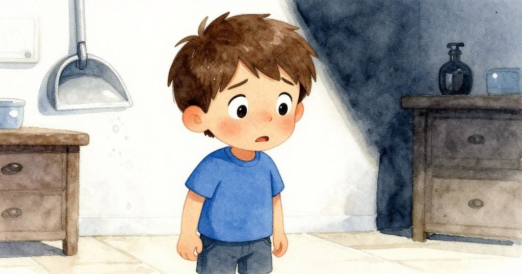 Blake 在洗衣房中驚訝凝視，眼神裡充滿警覺，背景隱約顯示滑動中的掃斗與水滴，氣氛緊張。