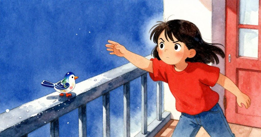 Hana 緊張又堅定地在濕滑的陽台扶手上伸手去抓那隻搖搖欲墜的陶瓷鳥雕像，表情專注，動作充滿緊迫感。