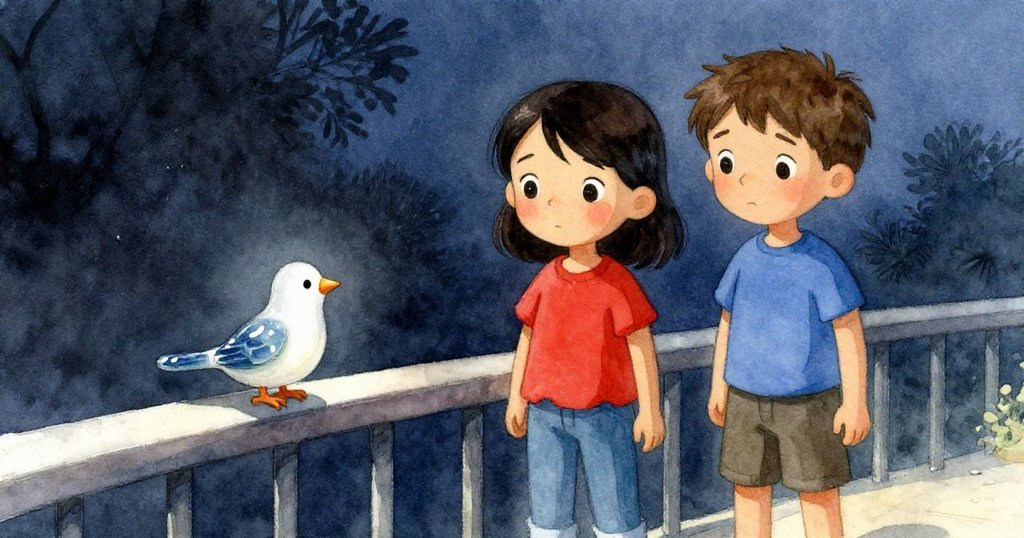 Hana 與 Blake 站在寧靜的陽台上，水跡漸退，救回的鳥雕像安穩放置在兩人間，臉上流露出寬慰與平靜的情感。