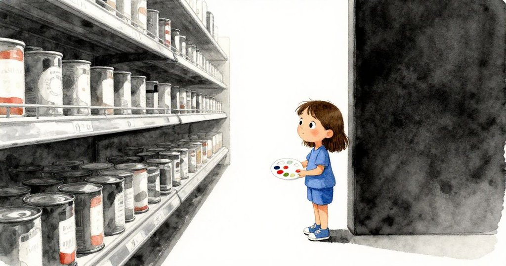 Luna在寧靜超市中踮腳觀察塵埃凝聚金屬架，環境幽暗充滿期待與輕柔光影。