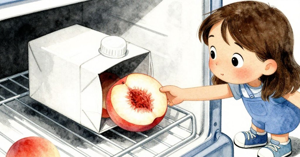 Luna伸手細察傾斜桃果紙箱邊緣，冷藏區背景光影交錯，展現細膩觸感與專注神情。