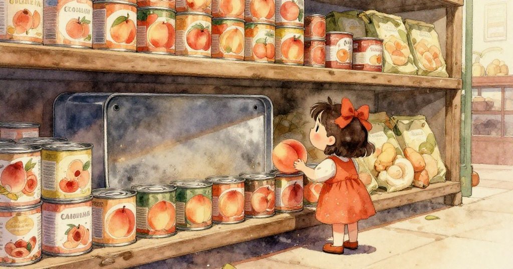 從Luna視角看見層疊玉米罐頭與塵埃覆蓋金屬架，充滿決心眼神引導探索迷宮般貨架。