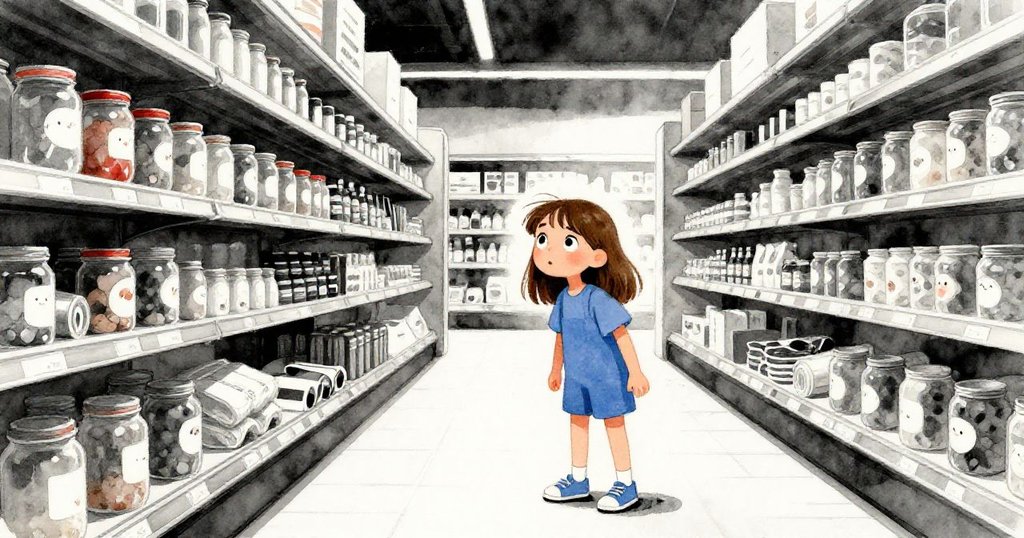 Luna驚奇注視超市中現實與幻想交融，罐頭與罐子幻化音波飛舞，環境獨特夢幻且動感。