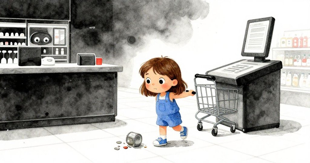 Luna溫柔拾起凹陷罐頭，推著購物車朝自助結帳前進，神情複雜中帶著堅定，超市氛圍持續。