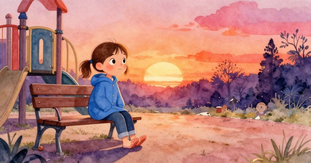 Nell在夕陽映照的公園中等待，充滿期待地靠近空蕩的擺盪場，背景有柔和光影與稀疏樹影，充滿奇妙情愫。