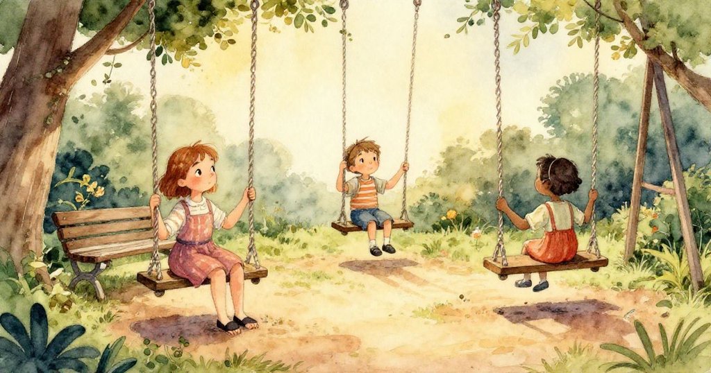 Nell的雙手緊握著濕滑的盪鞦韆金屬，細膩呈現雨後光澤與猶豫神情，展示出溫柔而真實的觸感瞬間。