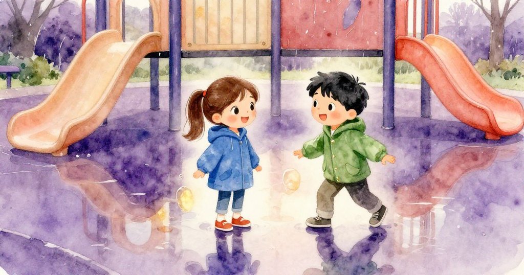 雨後的積水映出Nell與Ian的身影，閃爍水面中的光影與倒影呈現童趣與發現自然美景的驚喜時刻。