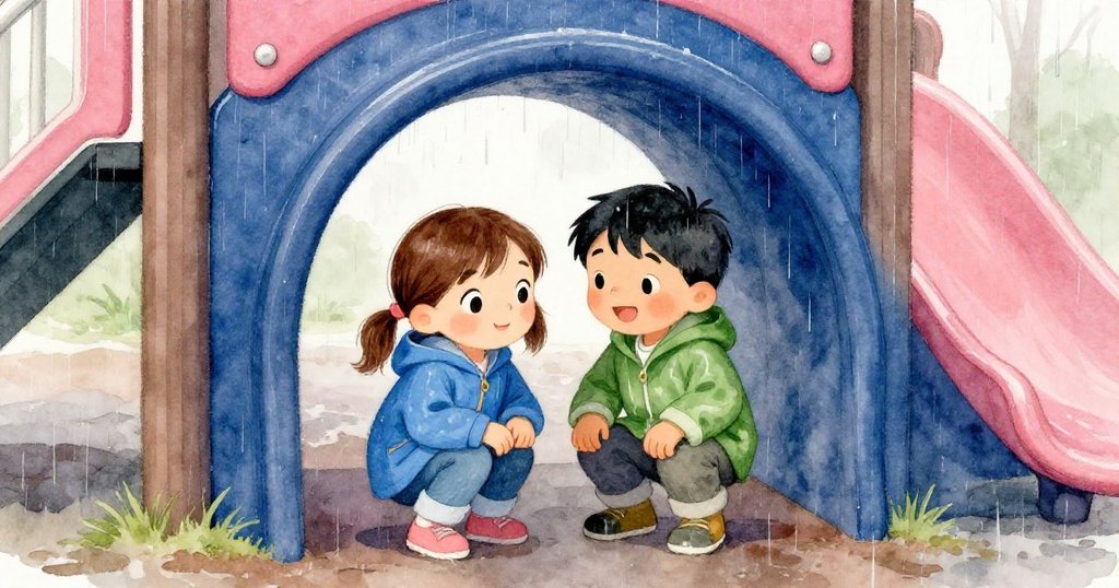 Nell與Ian躲進滑梯下的隧道中，雨滴輕敲四周，狹小空間中充滿溫馨信任與短暫緊張，靜謐中透出依靠感。