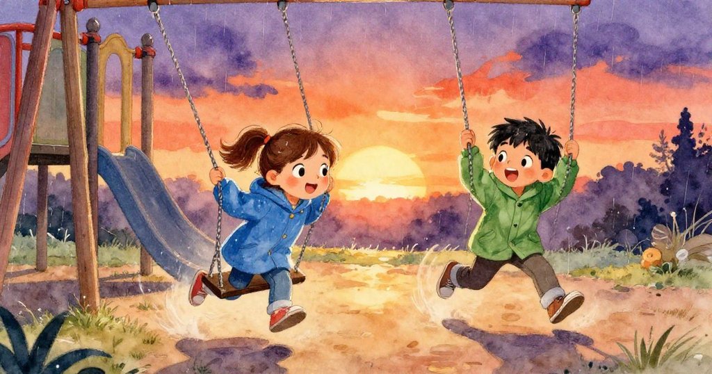 雨過天晴後，Ian推動Nell盪鞦韆，兩人臉上同時流露出緊張與期待，現場充斥著雨後復甦的生機與活力。