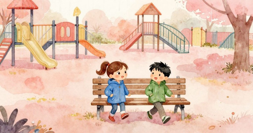 雨後公園中，Nell與Ian回到長椅旁，臉上流露出溫馨笑容與滿足，告別冒險留下安寧與美好回憶。