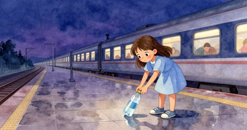 Hazel在火車站晨光中滑動塑膠瓶,背景有靜止火車與濕潤瓷磚,神情堅定展現故事開端