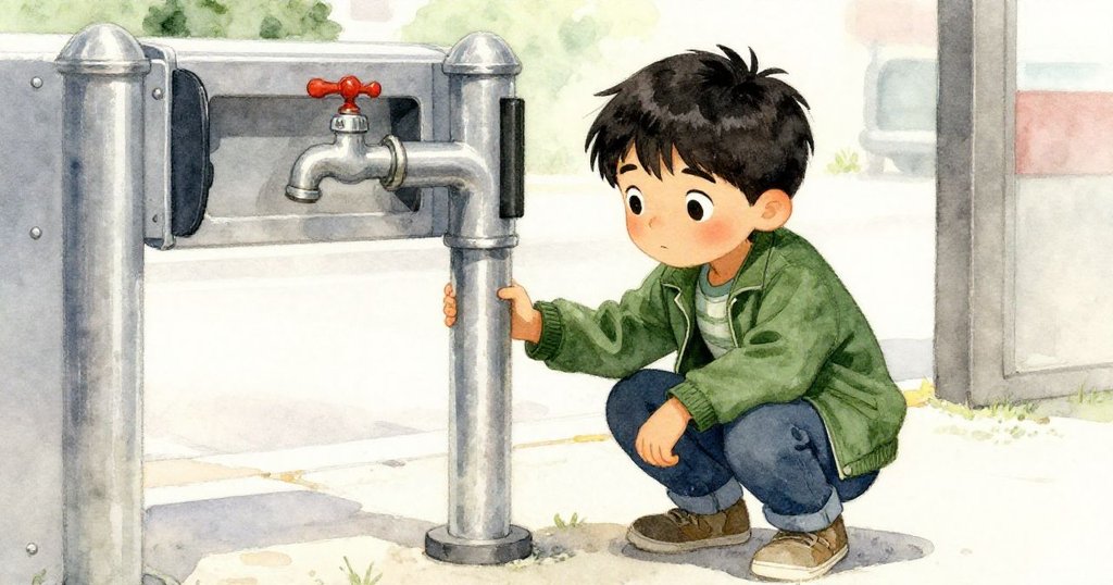 Cruz蹲在售票閘口旁金屬水龍頭邊,背景空曠衬托出他的專注與挑戰,情緒堅毅展現故事發展