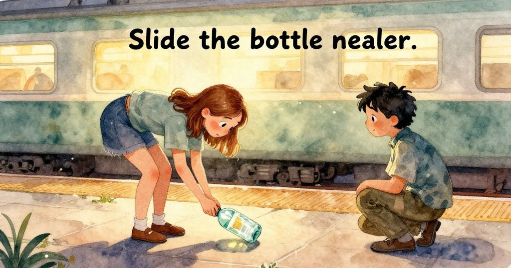 水珠在空中飛舞,落入半滿的塑膠瓶中,閃爍著深紫與紅銅光芒,展現故事轉捩點細節