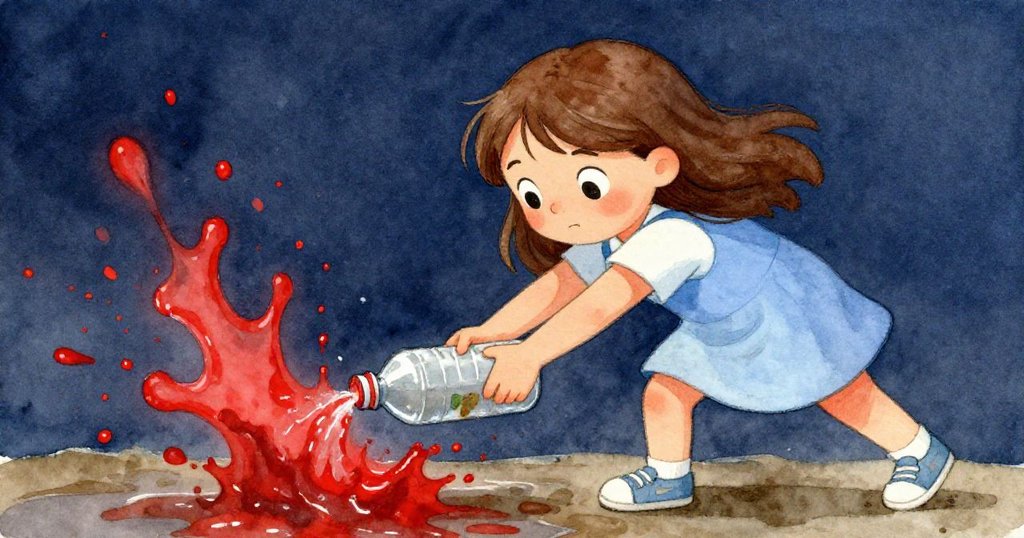 Hazel全力向前傾身,同時按壓瓶子引發水花濺上袖子,神情專注與驚訝,展現決定性瞬間