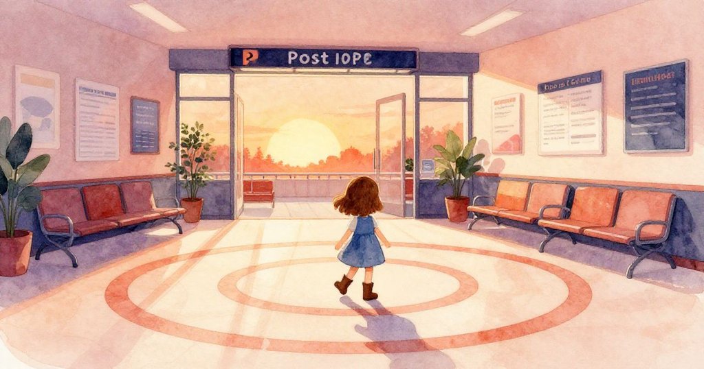 艾薇走進溫暖郵局大廳，地上有泥沙圓環，天花板風扇運轉中，她充滿期待邁出第一步。