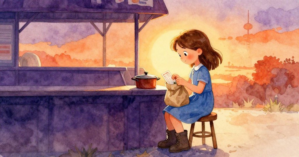 艾薇坐在郵局櫃台前，打開包包露出用棕紙包著的鍋子與紙票，空間寬闊中充滿期待與專注。