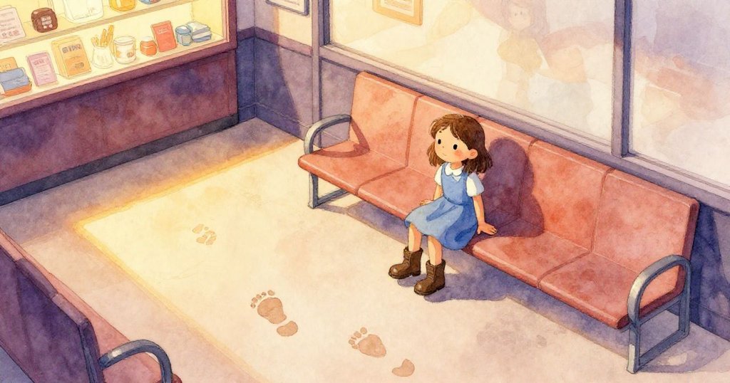 艾薇坐於郵局長椅上，從上方俯瞰大廳中傳出腳步迴響，光影交錯中流露出靜謐與思索。