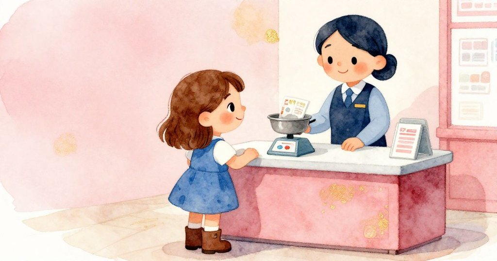 艾薇與櫃員交流溫暖微笑，櫃臺上鍋中露出明信片，尺度輕嗡作響，場面充滿驚喜與喜悅。