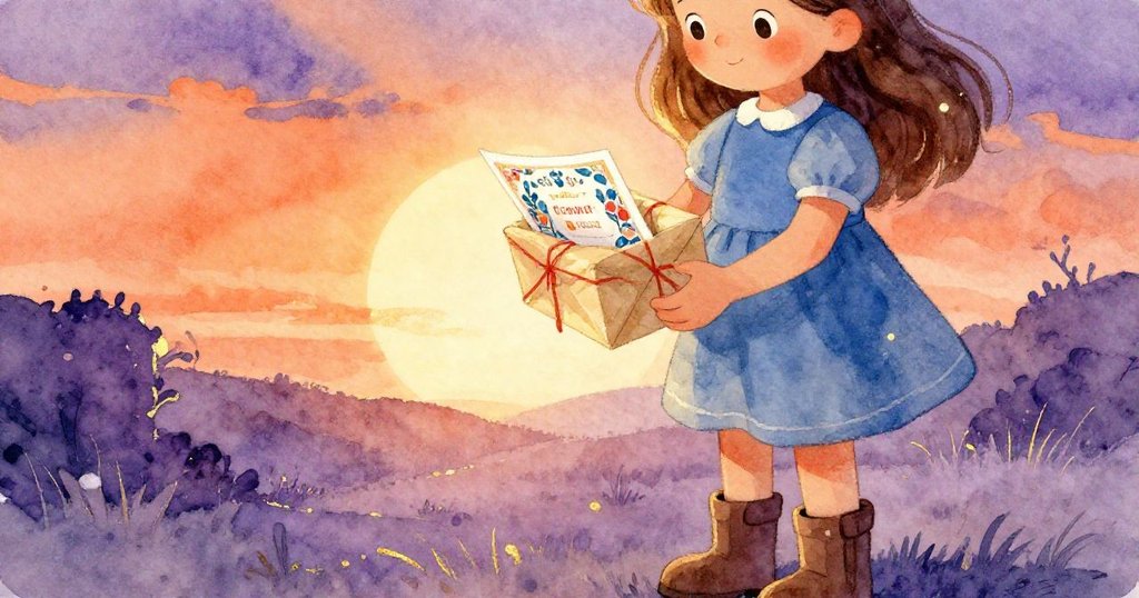 艾薇離開郵局，溫柔捧著包裹中閃爍著寶石色彩的明信片，背景泥沙曲線隱喻新希望，滿懷堅定與溫柔。