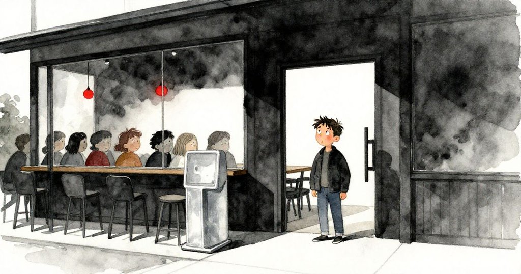 胡果站在現代餐廳外,注視著銀色排隊架與明亮入口,黃昏光影交織,充滿期待與都市感。