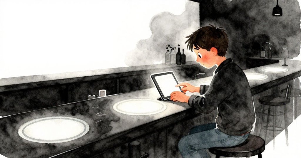 胡果在室內酒吧檯前伸手取排隊平板,吧檯上三圈淡水痕清晰呈現,空曠中帶出緊張氛圍。