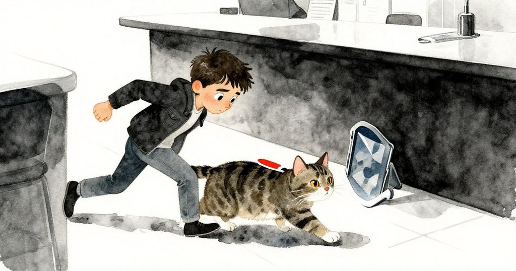 胡果不慎碰到虎斑貓尾巴,平板滑動並映出藍灰光芒,傾斜視角強調動感與混亂。