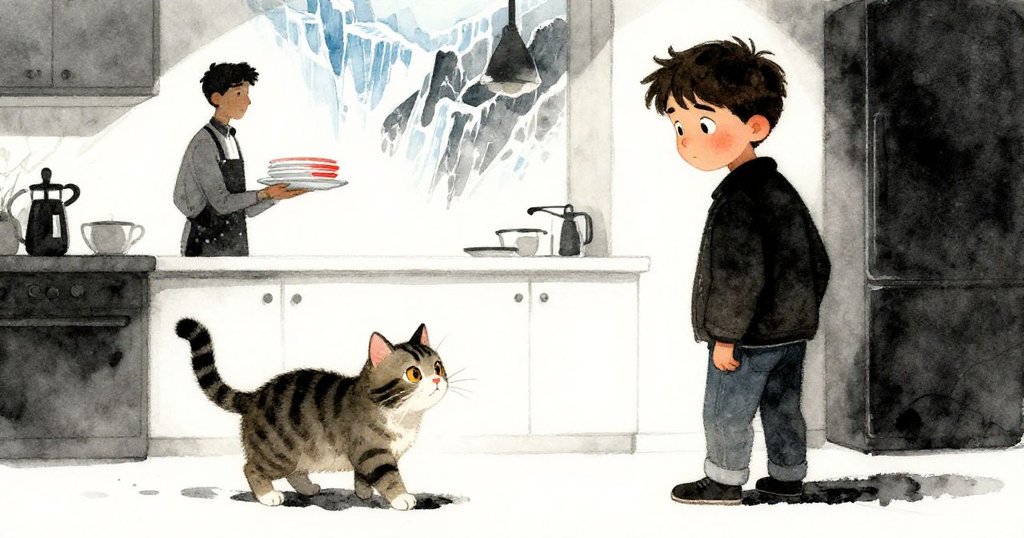 廚房入口處,服務生送餐而過,虎斑貓優雅旋轉向等待區,胡果注視中帶著懊悔與微笑。