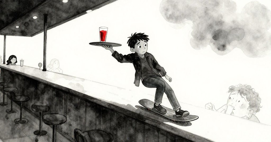 胡果沿酒吧檯側滑行,專注計數傳來餐盤節奏,臉上緊張之餘,一杯汽水險些跌落。