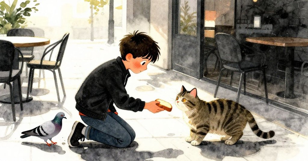 金色黃昏時分,胡果跪於餐廳入口遞麵包給虎斑貓,灰鴿於露台啄食,光影溫柔呈現平靜結局。