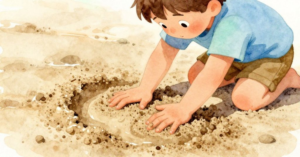 昆恩專心按壓沙坑內被壓實的沙子，手上沾滿細沙與水珠，表情認真探索