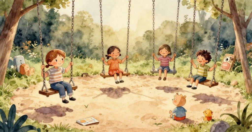 雨滴覆蓋金屬座椅形成奇幻油光，盪鞦韆鏈條呈現超現實曲線，背景色調以天空藍和薄荷綠描繪