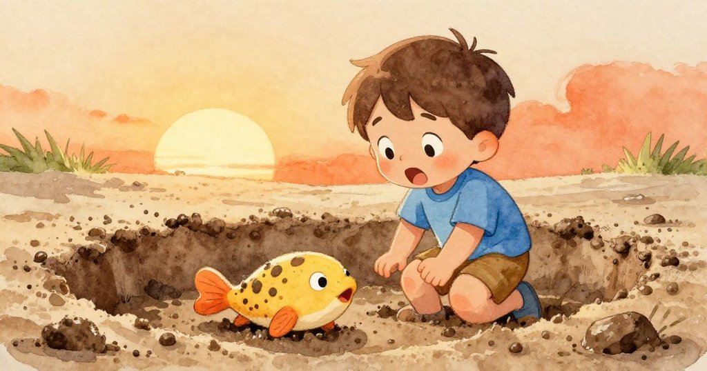 昆恩在沙坑中挖掘時驚喜發現一隻半洗半泥的鴨嘴獸玩具，眼神充滿好奇，背景呈現溫暖夕陽色彩