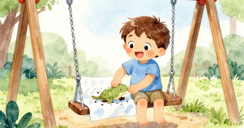 昆恩用破舊毛巾擦拭雨水浸濕的盪椅，再將發現的鴨嘴獸玩具小心放上去，臉上滿是滿意與創意