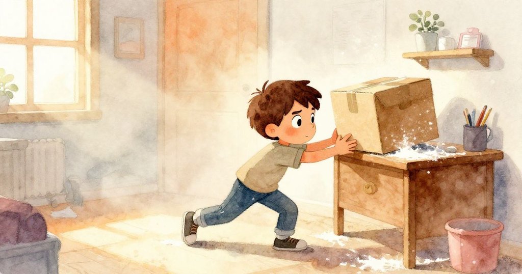 克魯斯在晨霧中急忙撐住搖晃的紙箱,桌上灑滿麵粉,他的臉上帶著驚訝與堅定,故事開端。