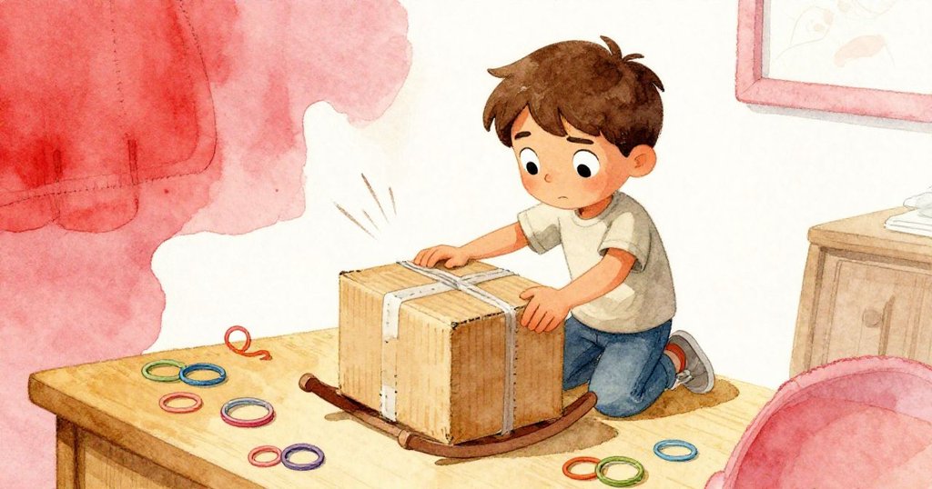 克魯斯正專注於調整紙箱,桌旁雙面對比顯示穩固的膠帶與搖擺包裹,表情堅定情緒轉化,故事發展中。