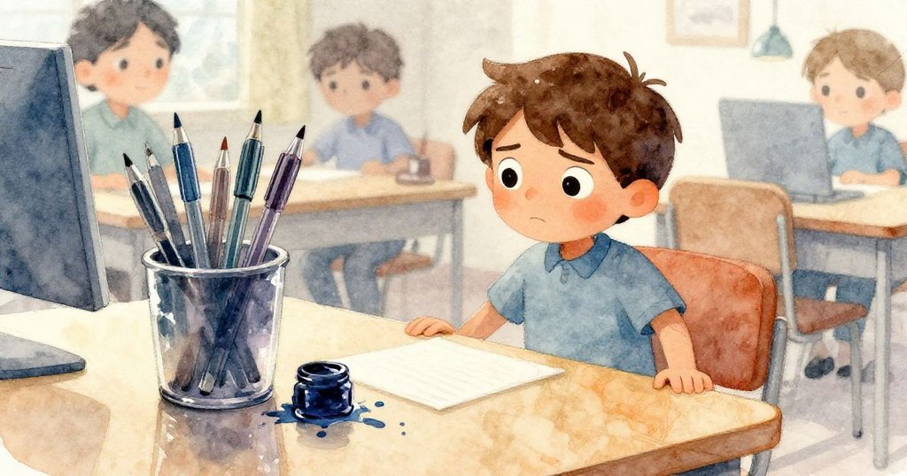 文件夾旁紙鎚落定住傾倒筆液,克魯斯回憶起混亂前刻,一抹沉思,敘事轉入回憶色調。