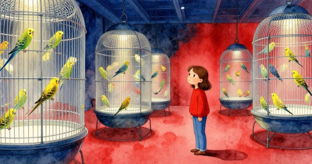 Olive站在亮燈鳥舍前，驚喜凝視靜止鸚鵡與銀色網罩，燈光冷暖交織，充滿神秘氣氛。