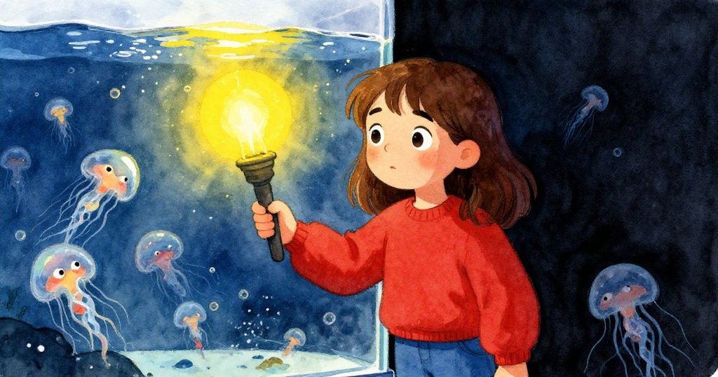 Olive伸手持燈近拍水族箱，冷光照出水中閃爍生物，細節豐富，透露好奇與探索情緒。