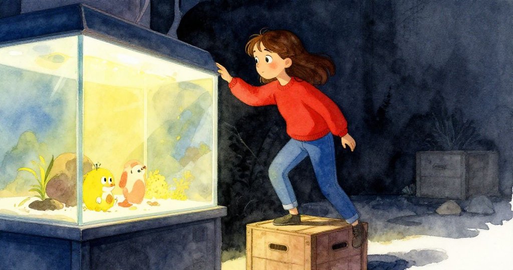 Olive小心走上反光貨箱，低角度展現她專注目光和水族箱內神秘閃爍光點，充滿期待。